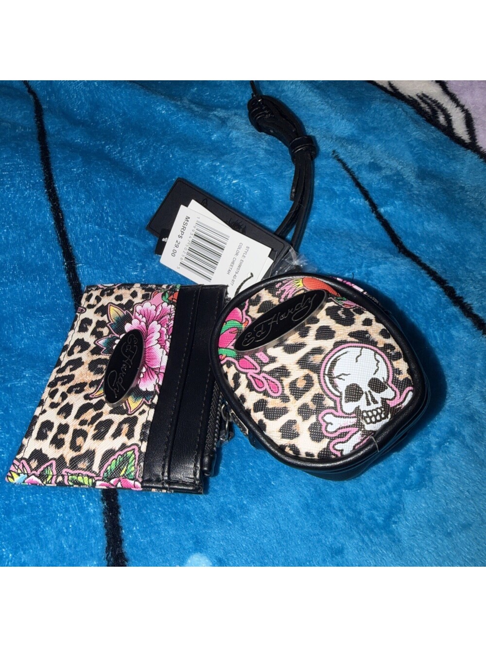Ed Hardy Tiger Floral Print Key Ring Zip Close Coin Purse Card Holder Black